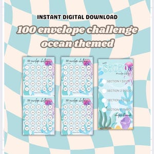 Puede incluir: Descarga digital con un desafío de 100 sobres con temática oceánica. El diseño incluye cuatro hojas de desafío con círculos numerados y un rastreador de ahorro. El texto dice "Descarga digital instantánea" y "Desafío de 100 sobres con temática oceánica".