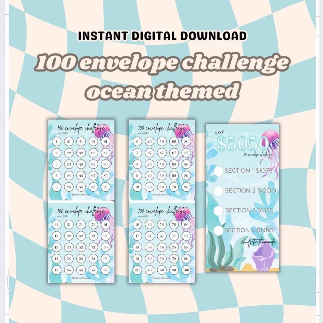 Savings Challenge Printable for Cash Stuffing | Ocean Themed 100 Envelope 4 Section Challenge & Checklist | Instant Digital Download