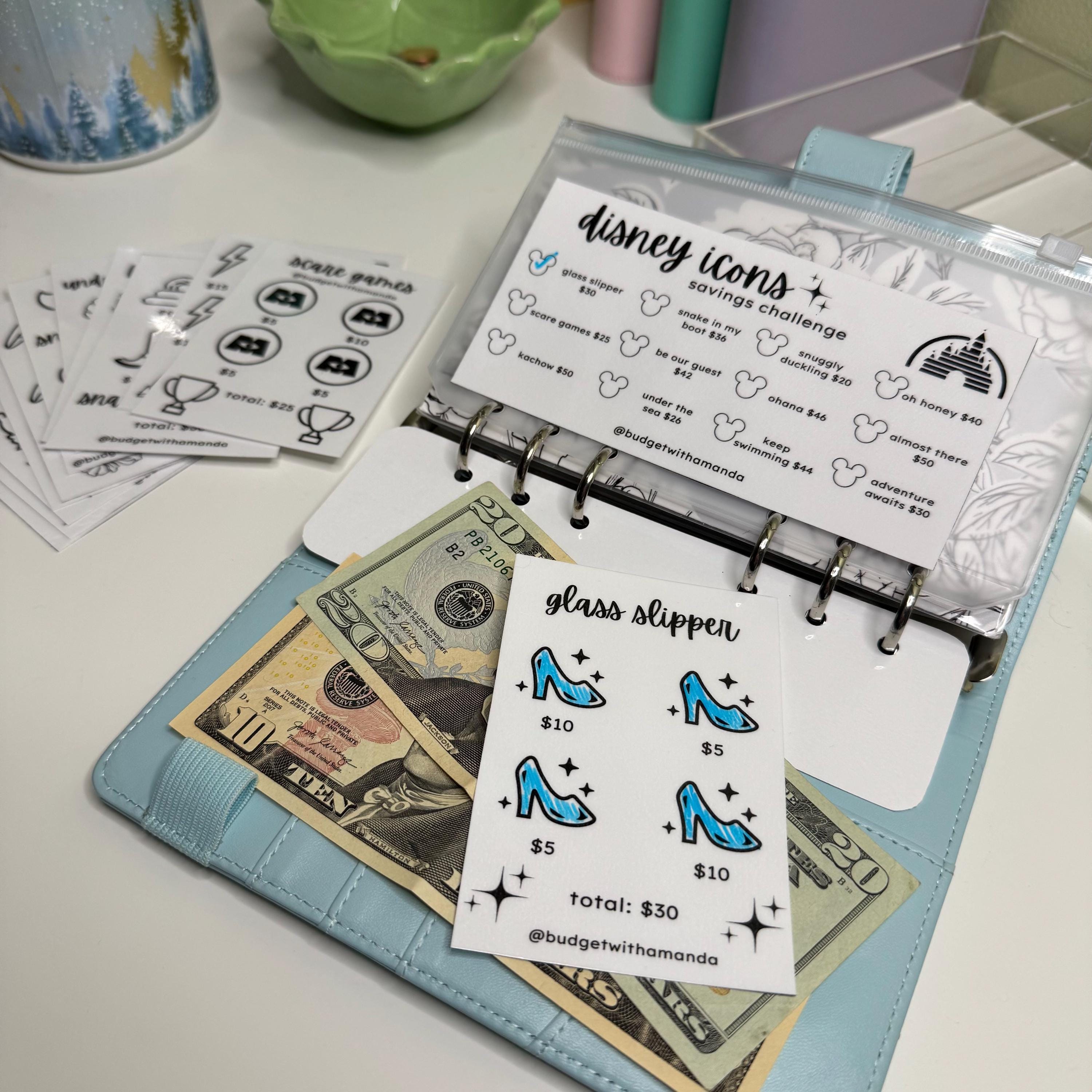 Disney Icons Savings Challenge | 12 Mini Disney Inspired Challenge Trackers with A6/ Personal Zipper Envelope | Low Income Low Denominations