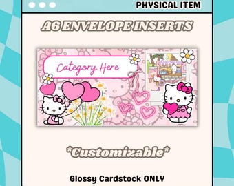 May include: Pink A6 envelope inserts featuring Hello Kitty. The design includes Hello Kitty illustrations, hearts, flowers, and the text "Category Here" and "Customizable". Made from glossy cardstock.