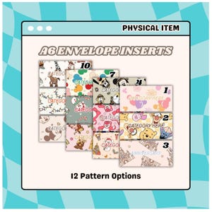 May include: A6 envelope inserts with 12 pattern options. The inserts feature various cartoon character designs and the text "CATEGORY HERE" and "ANNIVERSARY". The phrase "PHYSICAL ITEM" is at the top.