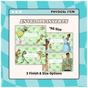 May include: Envelope inserts with a light green background, featuring cartoon characters and floral designs. The inserts are labelled with text such as "month ahead," "emergency," and "future plans." The text "A5 Size" and "2 Finish & Size Options" are also visible.