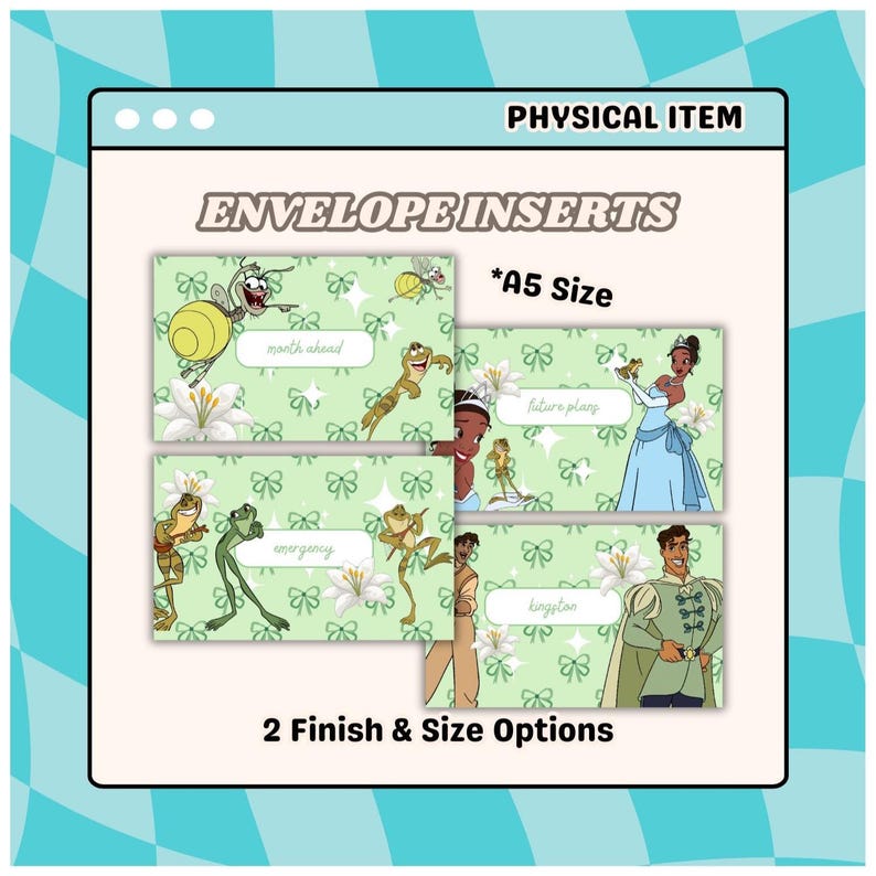 May include: Envelope inserts with a light green background, featuring cartoon characters and floral designs. The inserts are labelled with text such as "month ahead," "emergency," and "future plans." The text "A5 Size" and "2 Finish & Size Options" are also visible.