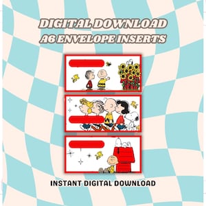 May include: Digital download of A6 envelope inserts featuring cartoon characters. The inserts have a red border and include images of characters with text that reads "DIGITAL DOWNLOAD A6 ENVELOPE INSERTS" and "INSTANT DIGITAL DOWNLOAD". The background is a light blue and white checkered pattern.