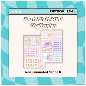 May include: A set of six non-laminated paper challenge cards titled Pastel Cafe Mini Challenges. The cards feature pastel-colored illustrations of cafe items including a drink, a slice of cake, flowers, and fruit, alongside grids for tracking progress.