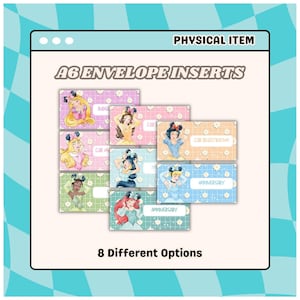 May include: A6 envelope inserts featuring illustrations of Disney princesses. Each insert has a different background color and text, including "Budget," "Car," and "Anniversary." The image also states "8 Different Options."