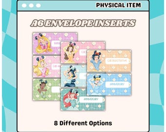 May include: A collection of A6 envelope inserts with Disney princess illustrations. Each insert has a unique background colour and text, such as "Budget," "Car," and "Anniversary." The image also states "8 Different Options."