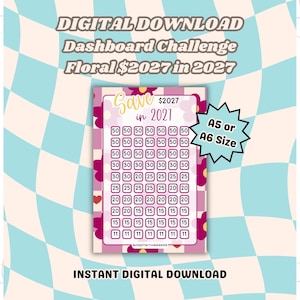 Puede incluir: Un tablero digital de desafío de ahorro con un fondo de cuadros rosas y blancos y detalles florales. El texto dice "Save $2027 in 2027" y "A5 or A6 Size". Incluye una cuadrícula de casillas con varias cantidades para realizar el seguimiento.