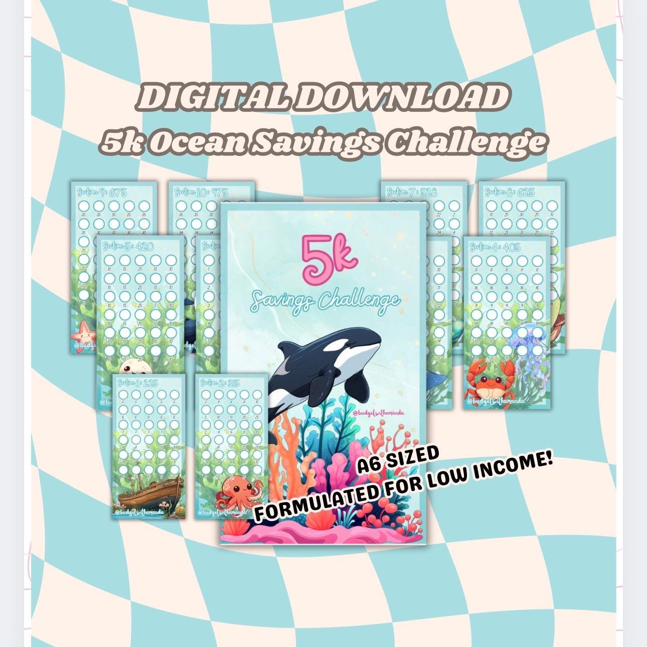 DIGITAL A6 Sized Ocean Themed 5k Savings Challenge | Low Income Friendly Amounts 1 - 35 | 10 Sections & A6 Dashboard
