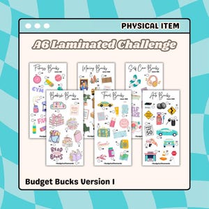 LAMINATED Colorful Icon Savings Challenges | Budget Bucks Version 1 | Book, Travel, Self Care, Moving, Fitness Savings | Various Options