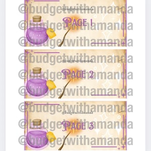 Pode incluir: Três páginas imprimíveis com um design caprichoso que apresenta uma garrafa de poção roxa, uma etiqueta amarela e uma varinha com uma ponta brilhante. O texto em cada página diz "@budgetwithamanda" e "PAGE 1", "PAGE 2" e "PAGE 3".