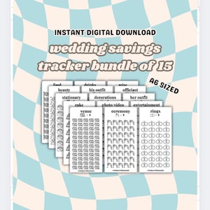 May include: A digital download bundle of 15 wedding savings trackers. The bundle includes trackers for various wedding expenses like food, venue, and rings. The design is A6 sized with a light blue and white checkered background. Text includes "Instant Digital Download" and "wedding savings tracker bundle of 15."