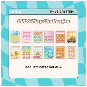 May include: A set of non-laminated 2026 Tiny Challenges cards. The cards feature colorful illustrations for each month, including themes like July, August, and September. The text "PHYSICAL ITEM" and "Non-laminated Set of 4" are also visible.