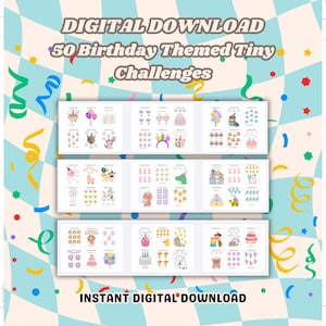 Könnte beinhalten: Ein digitaler Download mit 50 kleinen Herausforderungen zum Thema Geburtstag auf drei weißen Blättern. Jedes Blatt enthält kleine, bunte Illustrationen von Kuchen, Luftballons, Tieren und Partyartikeln mit Textbeschriftungen.