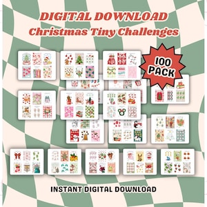 May include: A digital download collection of 100 Christmas Tiny Challenges featuring various festive illustrations, holiday icons, and tracking grids. The set includes multiple rectangular sheets with colourful seasonal graphics and text.