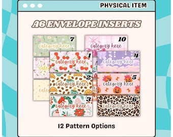 May include: A6 envelope inserts featuring diverse patterns such as cherries, coffee cups, and pumpkins. The inserts are labelled with the text "category here" and numbered 1-7 and 10. The image also states "PHYSICAL ITEM" and "12 Pattern Options".
