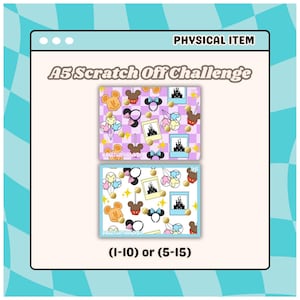 May include: Two A5 scratch-off challenge cards with a Disney theme. The cards feature Mickey Mouse, Minnie Mouse, castle, and ice cream graphics. The top card has a purple checkered background, and the bottom card has a white background. Text on the cards reads "A5 Scratch Off Challenge" and "(1-10) or (5-15)".