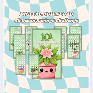 Desafio de economia de 10 mil dólares com tema de planta Kawaii tamanho A6 | Quantidades de 2 a 70 | 10 seções e painel A6