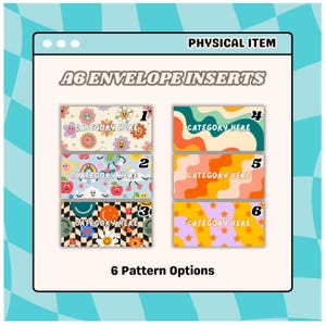 May include: Image of six A6 envelope insert designs. The inserts feature colorful retro patterns with flowers, smiley faces, and wavy designs. The text "CATEGORY HERE" is on each insert. The image also says "PHYSICAL ITEM" and "6 Pattern Options."