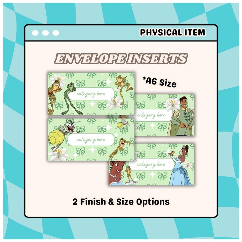 May include: Envelope inserts with a light green background and a repeating pattern of bows and white flowers. The inserts feature cartoon characters and the text "category here" in a white box. The text "PHYSICAL ITEM", "ENVELOPE INSERTS", "*A6 Size", and "2 Finish & Size Options" are also visible.