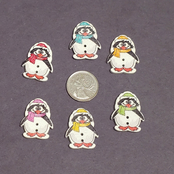 Penguin Shaped Wooden Buttons - Set of 6 - for scrapbooking, sewing, arts & crafts