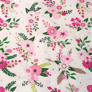 Pink Floral on White by Fabric Editions - Flannel Fabric - 100% cotton -  BY THE 1/2 YARD -