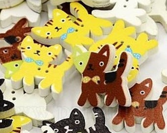 Cat Shape Wooden Buttons - Set of 6 - for scrapbooking, sewing, arts & crafts