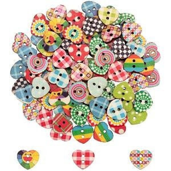 Small Printed Hearts Wooden Buttons - Set of 10 - for scrapbooking, sewing, arts & crafts
