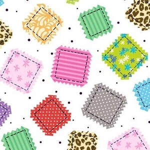 May include: A seamless pattern featuring a variety of colourful squares with different patterns, including stripes, polka dots, floral designs, and animal prints. The squares are arranged in a random pattern on a white background.
