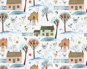 Country Cottage Scenery on Cream Quilting Fabric - 100% cotton -  1/2 YD CUTS