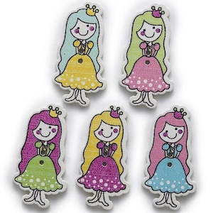 Colorful Princesses Wooden Buttons - Set of 6 - for scrapbooking, sewing, arts & crafts