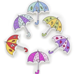 Colorful Umbrellas Wooden Buttons - Set of 6 - for scrapbooking, sewing, arts & crafts