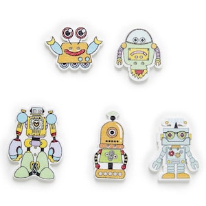Robots Wooden Buttons - Set of 6 - for scrapbooking, sewing, arts & crafts