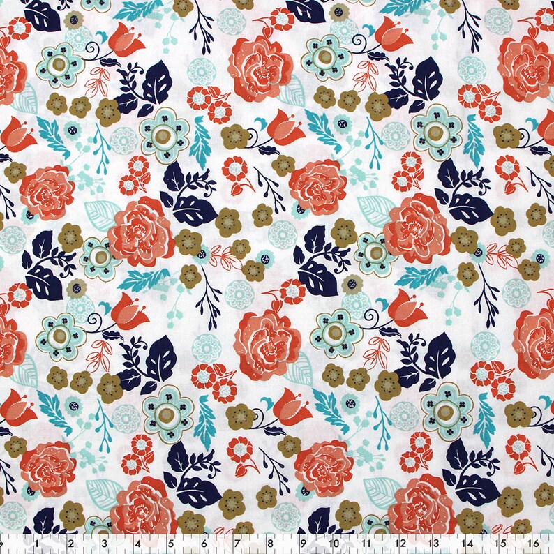 Blue /& Coral Flowers on White by Fabric Creations Quilting Fabric 100/% cotton 12 YD CUTS great for crafting etc