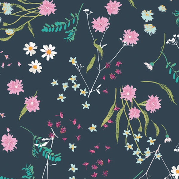 Lavish Blossom Swale Depth Floral on Navy by Art Gallery Quilting Fabric - 100% cotton -  1/2 YD CUTS