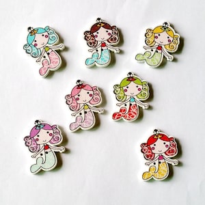 Colorful Mermaids Wooden Buttons - Set of 6 - for scrapbooking, sewing, arts & crafts