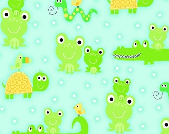 Reptiles et amphibiens sur bleu par A.E. Nathan Flannel Fabric - 100% coton - PAR THE 1/2 YARD