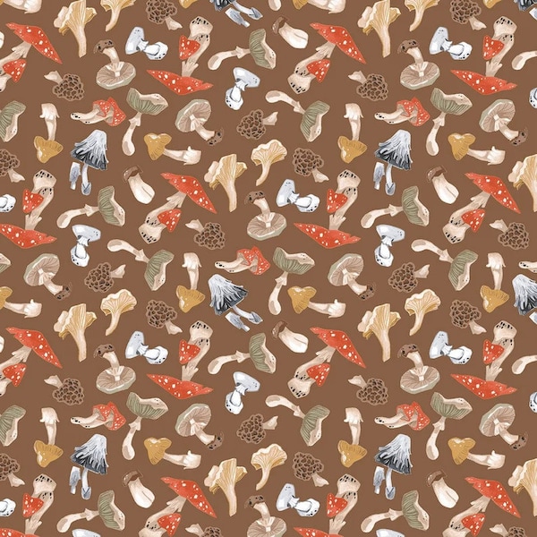 Mushroom City Tossed Mushrooms Cashew de Dear Stella Quilting Fabric - 100% algodón - 1/2 YD CUTS