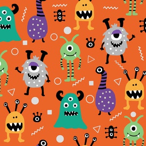 Doodle Monsters Orange by Clementine & Fiona Quilting Fabric - 100% cotton - great for crafting, etc. - Sold by the 1/2 yard