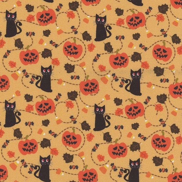 Halloween Quilting Stoff mit schwarzen Katzen und Kürbissen - 100 % Baumwolle - Quilting; handgeschmiedet - handbemalt