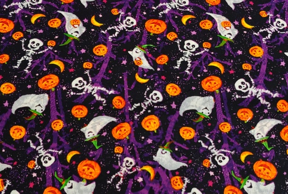 Halloween Print - Ghosts, Skeletons, Pumpkins Quilting Fabric - 100% cotton - BY THE 1/2 YARD