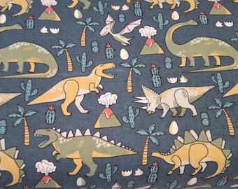 Dinosaurs & Volcanos on Deep Green/Navy - Flannel Fabric - 100% cotton -  BY THE 1/2 YARD - fantasy