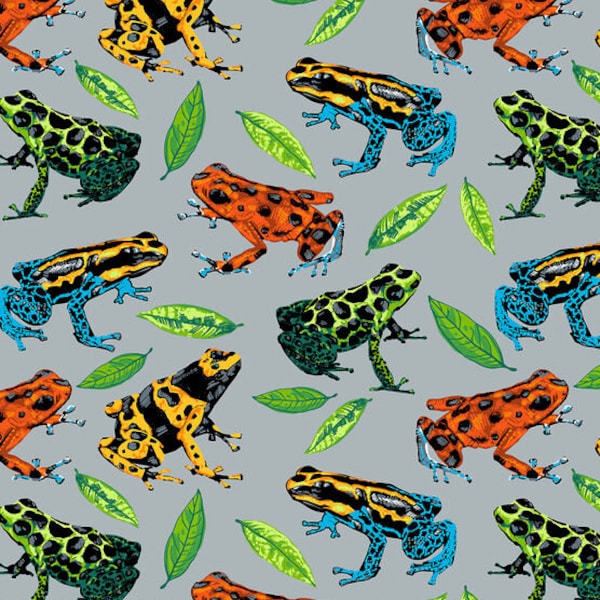 Dart Frogs on Gray Flannel Fabric - 100% cotton -  BY THE 1/2 YARD Super Snuggle