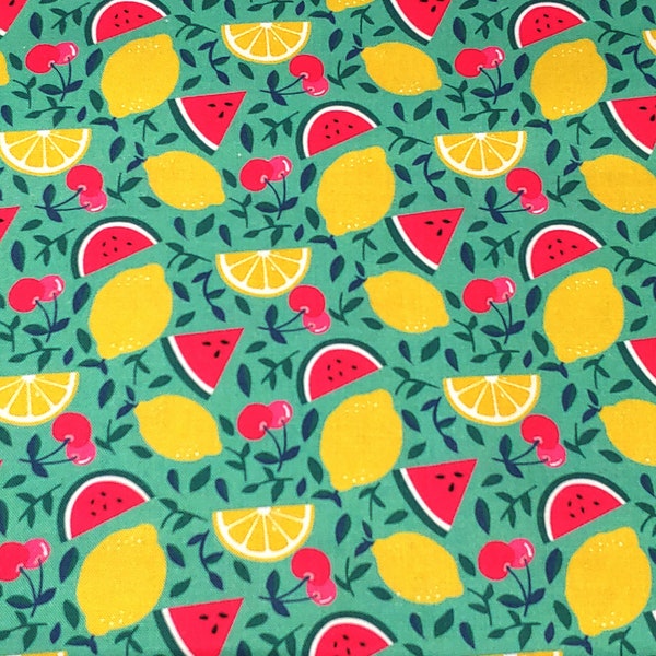 Summer Fruit Medley on Teal Quilting Fabric - 100% cotton -  1/2 YD CUTS