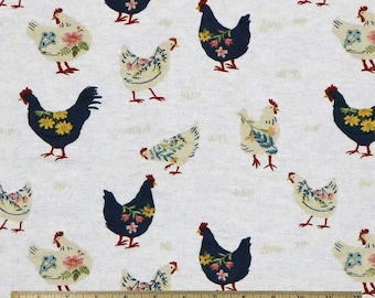 Floral Chickens Hens on White – Flannel Fabric - 100% cotton -  BY THE 1/2 YARD Super Snuggle