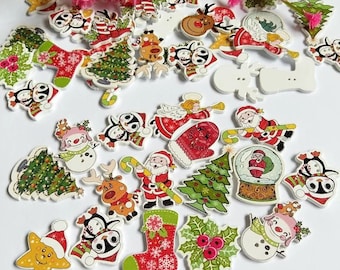 Mélange de boutons de Noël en bois - Lot de 6 - pour scrapbooking, couture, travaux manuels