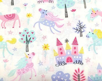 Unicorn Romp on White Quilting Fabric 49703 by Santee Print Works  - 100% cotton -  1/2 YD CUTS