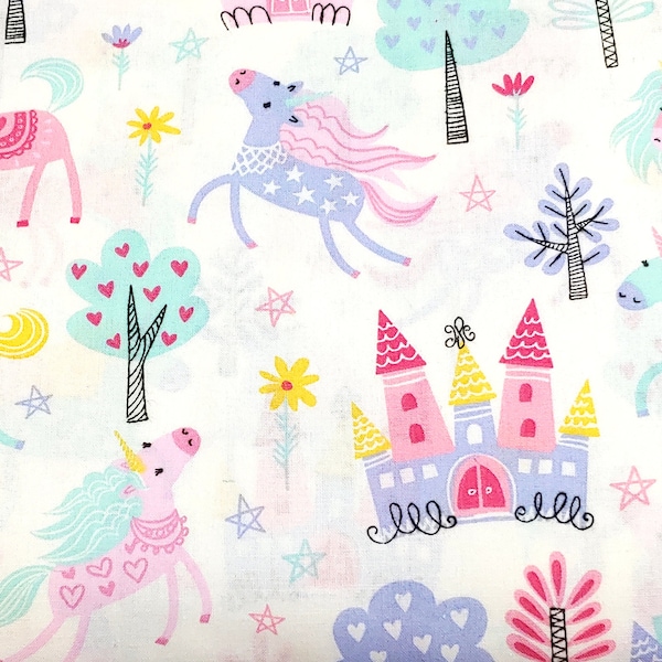 Unicorn Romp on White Quilting Fabric 49703 by Santee Print Works  - 100% cotton -  1/2 YD CUTS