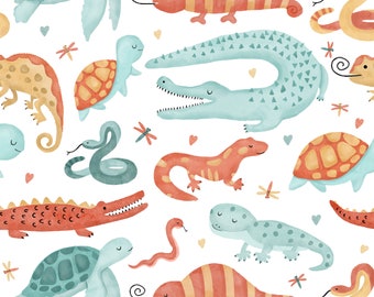 Watercolor Reptiles Quilting Fabric by Clementine & Fiona  - 100% cotton - great for crafting, etc. salamander, crocodile, alligator, snake