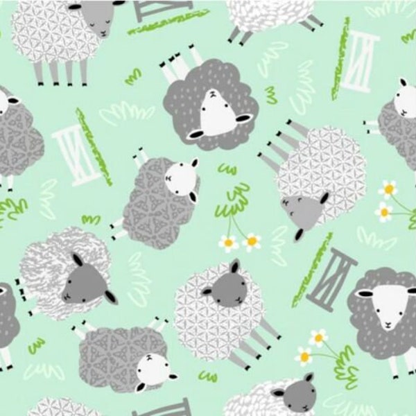 Tossed Sheep on Mint by Fabric Editions - Flannel Fabric - 100% cotton -  BY THE 1/2 YARD